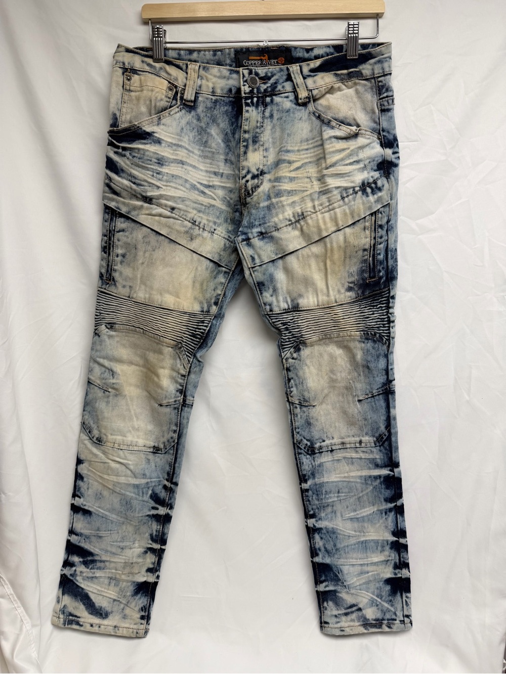 Copper Rivet Biker Moto Jeans Acid Wash Denim Men’s 32x30